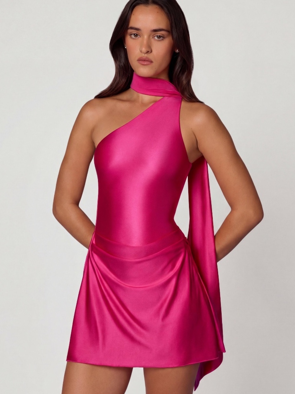 Oh Polly Asymmetric Scarf-Detail Mini Dress in Hot Pink 8